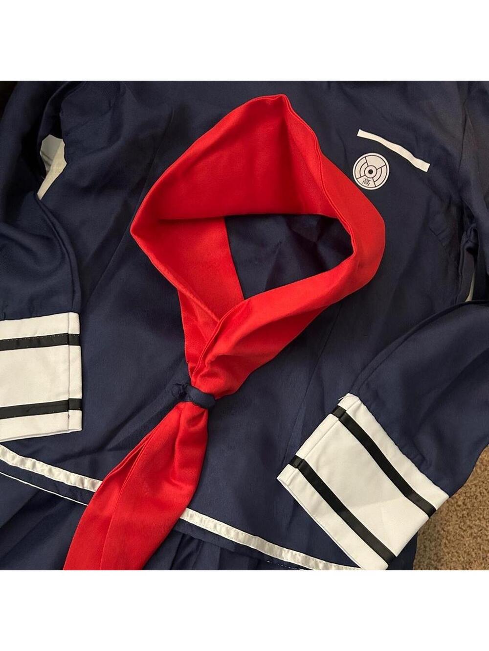 Navy blue sailor uniform costume with white stripes on collar and cuffs size L